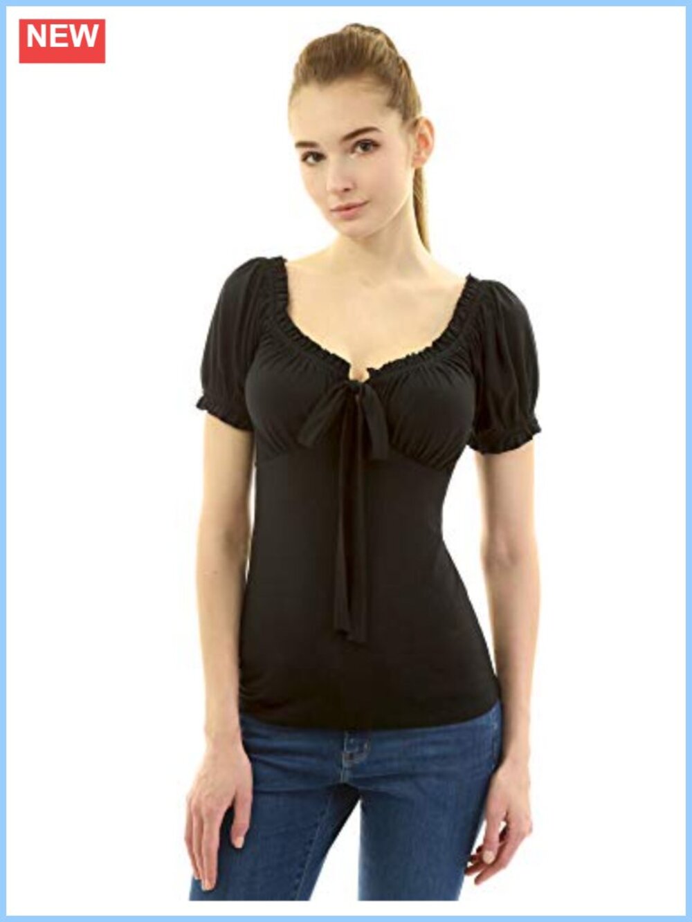 Ruffle Trim Tie Notch Neck Raglan Puff Short Sleeve Blouse Top